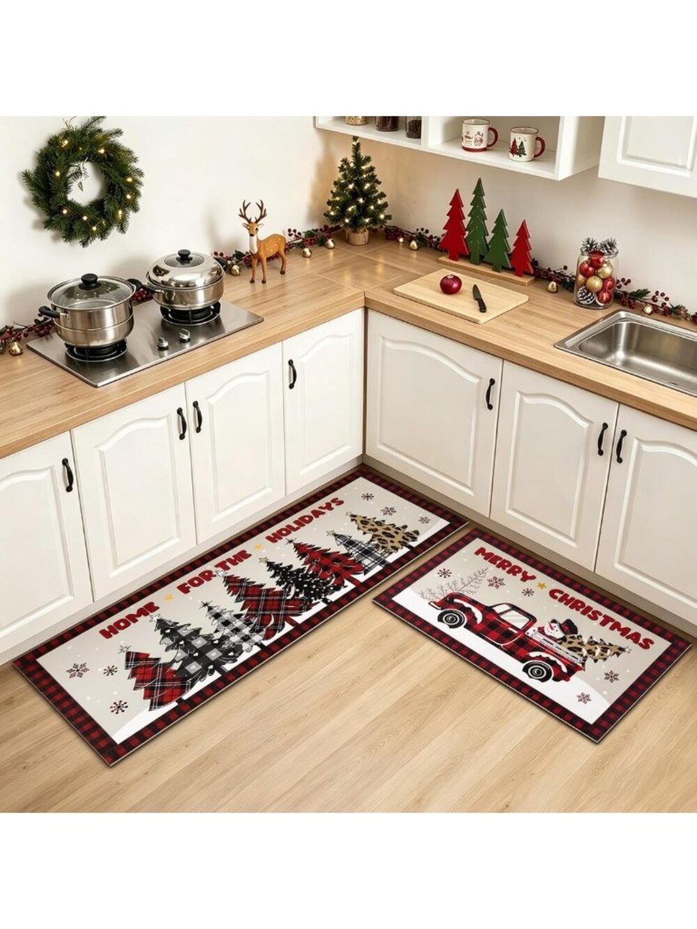 Festive Christmas Tree & Truck Kitchen Mat Set of 2 | Holiday Floor Decor